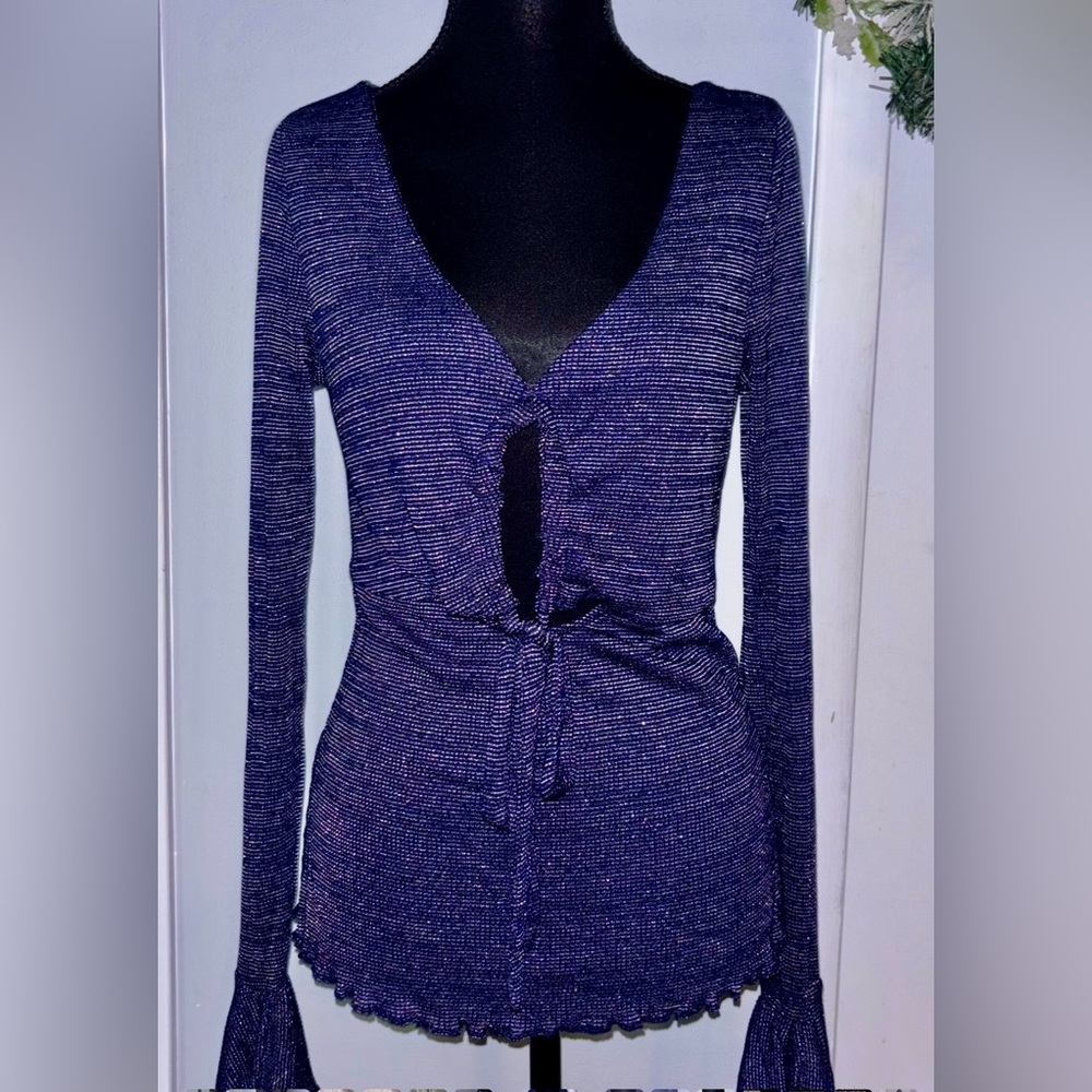 💕 Free People Intimately Shimmer Tie Front Cutout Top Metallic Size L